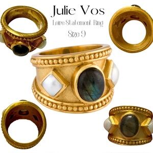 Julie Vos Loire Statement Ring 24k Gold Plate with Labradorite Cabachon